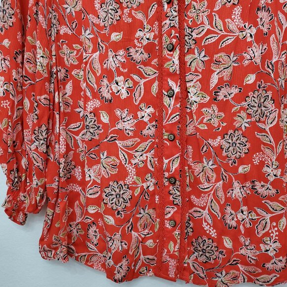 Democracy Poppy Red Multi Print 3/4 Sleeve Button Down Women's Top Size 2X - Picture 6 of 16